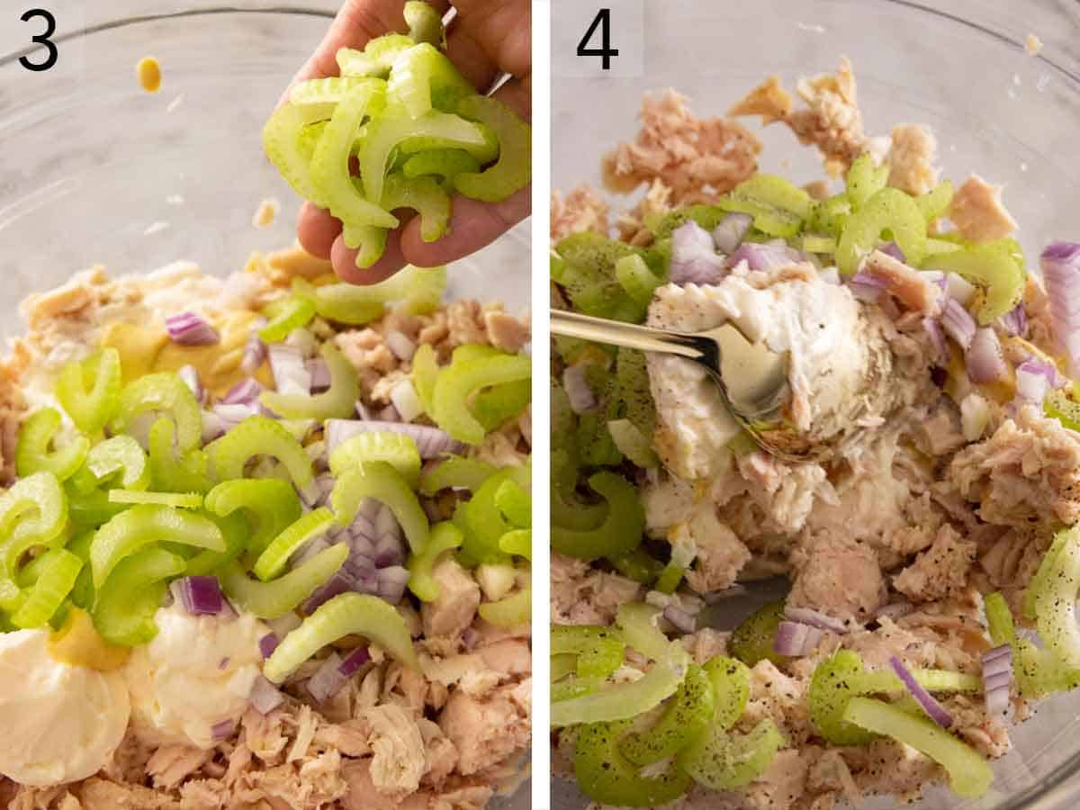 Set of two photos showing the ingredients combined and mixed with a spoon.