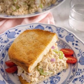 Pinterest graphic of a tuna salad between two slices of bread.