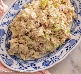 Pinterest graphic of an overhead view of a platter of tuna salad.