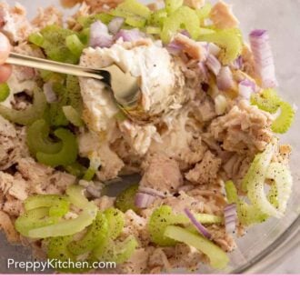 Pinterest graphic of tuna salad being mixed together with a spoon.