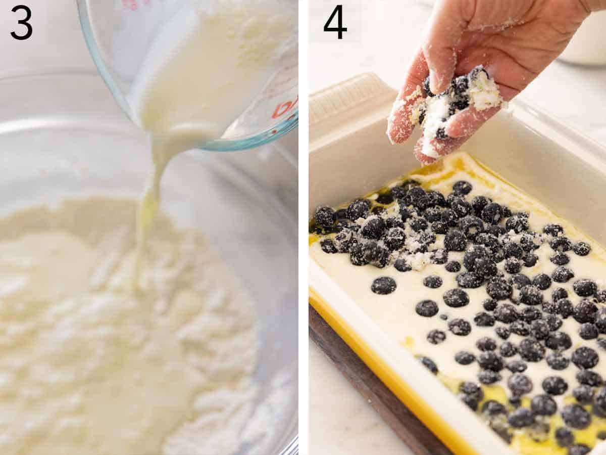 Set of two photos showing milk poured into the dry ingredients and blueberries added on top of batter.