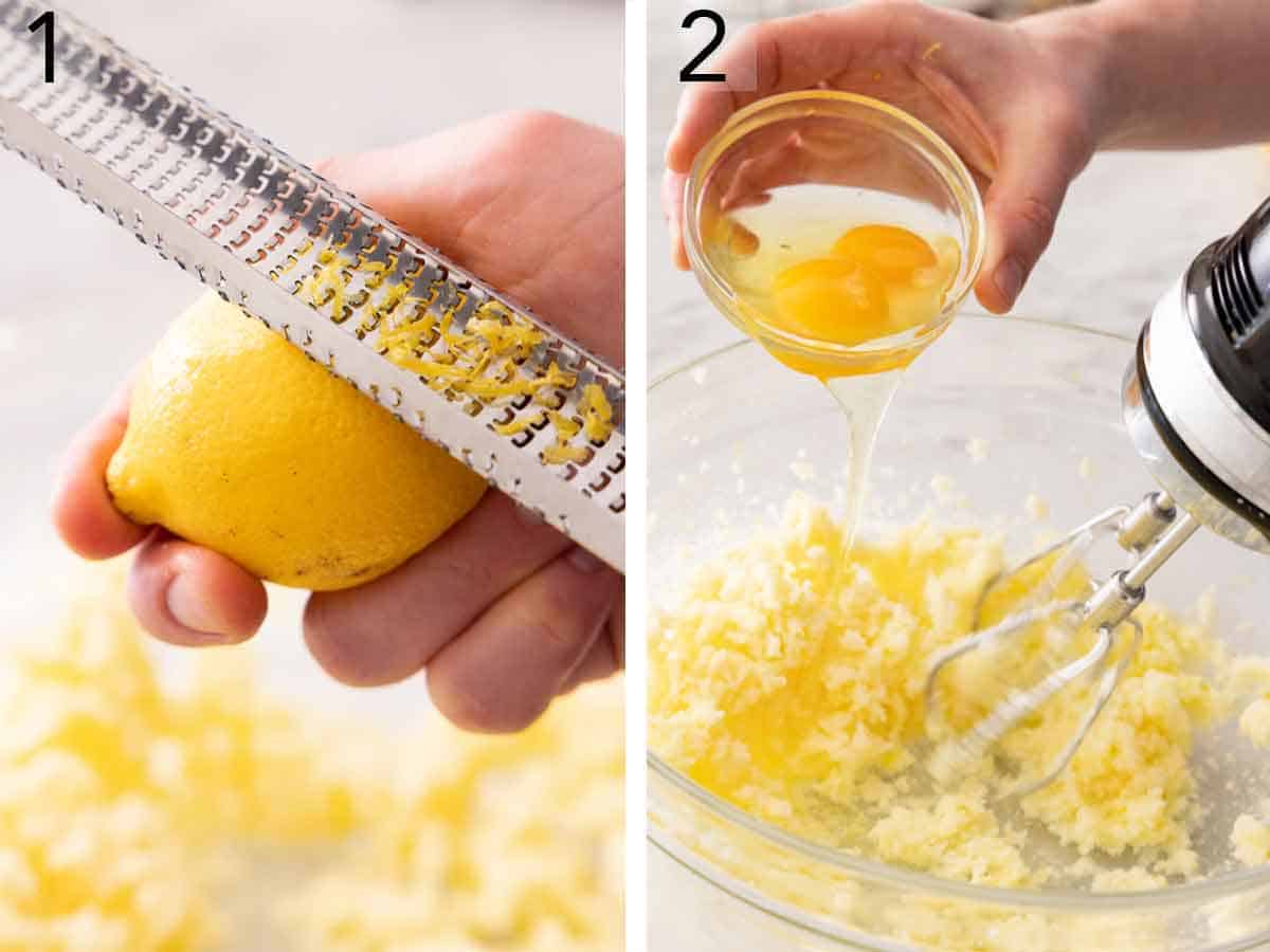 Set of two photos showing lemon zested and egg added to beaten butter.