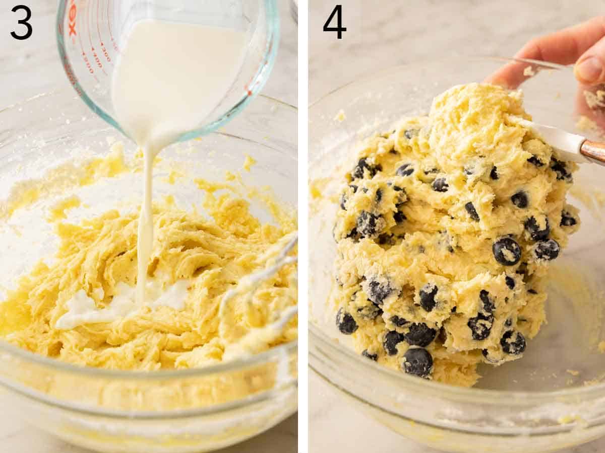 Set of two photos showing liquid and blueberries added and mixed into the batter.