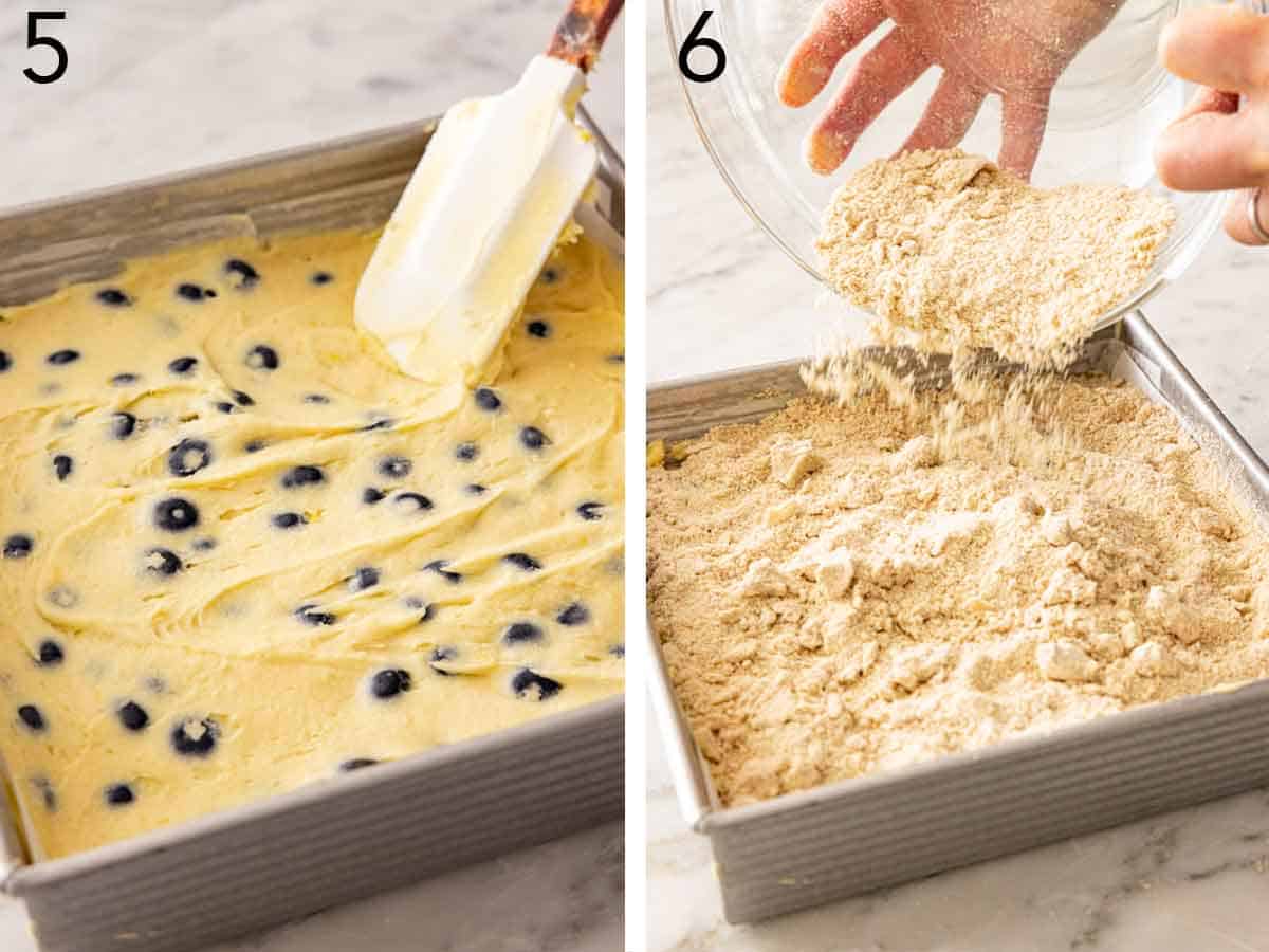 Set of two photos showing batter added to a baking dish and streusel added on top.
