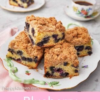 Pinterest graphic of a plate with multiple slices of blueberry coffee cake.