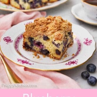 Pinterest graphic of a plate with a slice of blueberry coffee cake.
