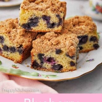 Pinterest graphic of a plate with multiple square pieces of blueberry coffee cake.