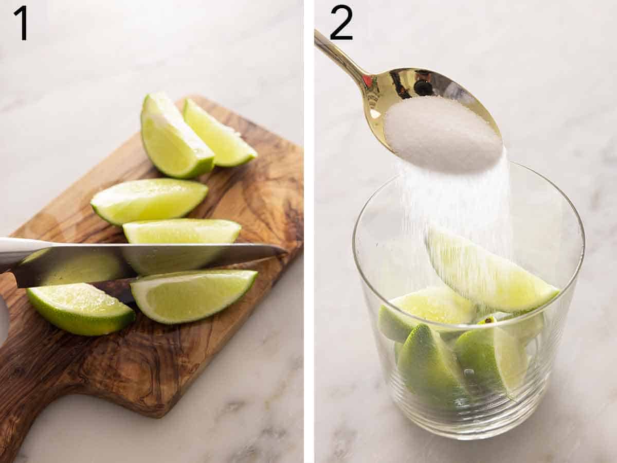 Set of two photos showing limes cut and sugar added on top.