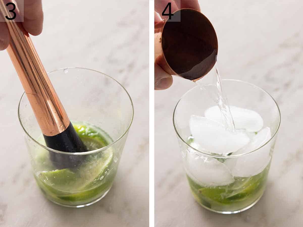 Set of two photos showing the limes muddled and cachaça added to the glass.