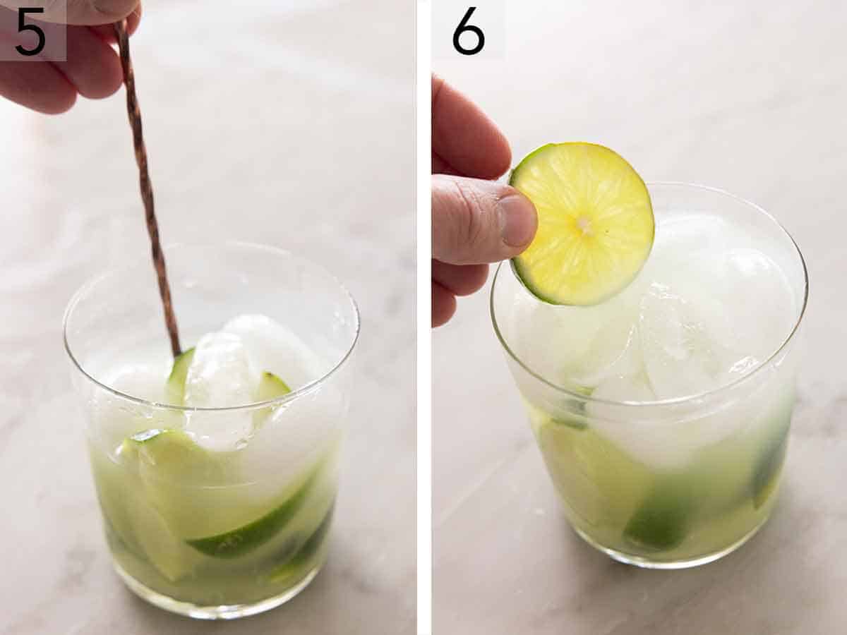 Set of two photos showing the cocktail mixed and lime added on top.