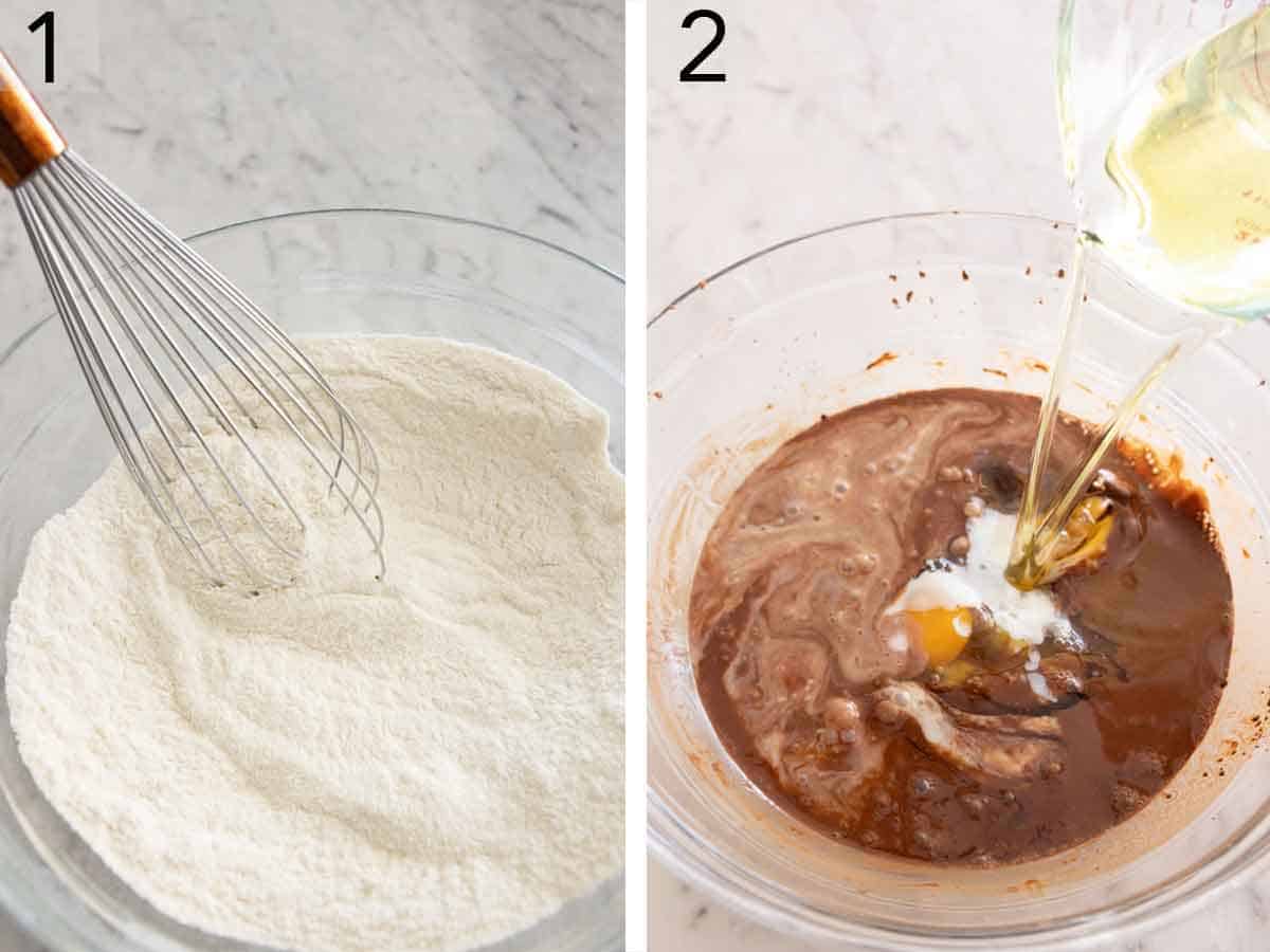 Set of two photos showing dry ingredients whisked and wet ingredients combined in a bowl.
