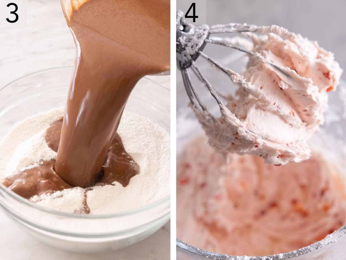 Set of two photos showing the wet and dry ingredients combined and strawberry buttercream whipped up.