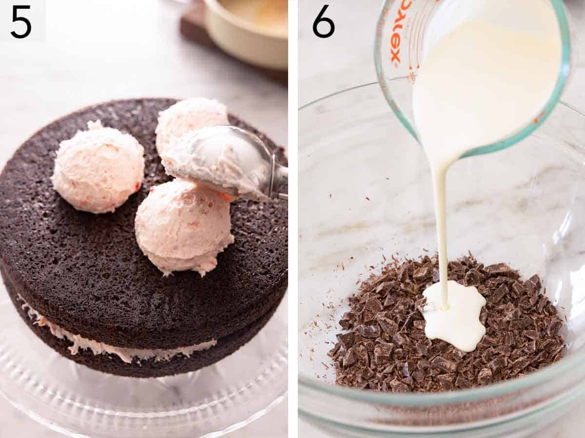 Set of two photos showing the cake being assembled and heavy cream added to chocolate.