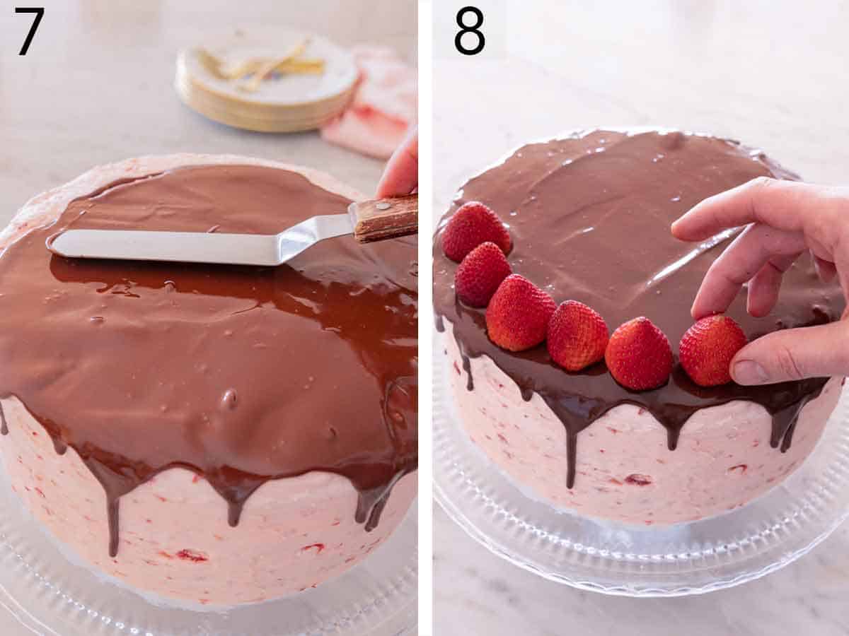Set of two photos showing chocolate ganache and strawberries added to the cake.