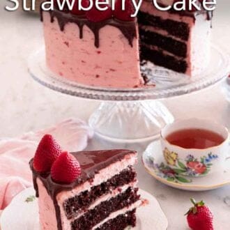Pinterest graphic of a slice of chocolate strawberry cake by a cake stand with the rest of the cake.