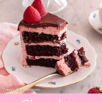 Pinterest graphic of a slice of chocolate strawberry cake with a bite on a fork in front of it.