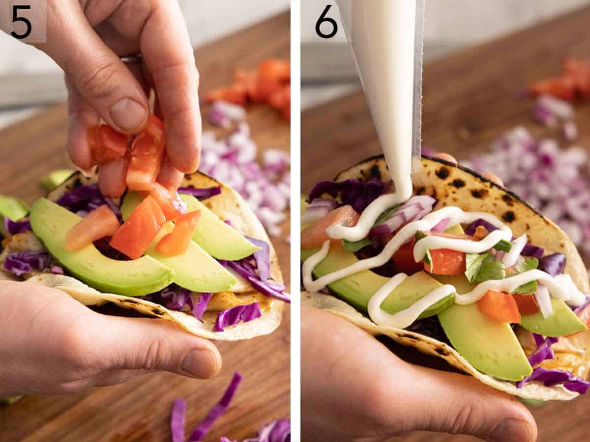 Set of two photos showing toppings added to an assembled taco.