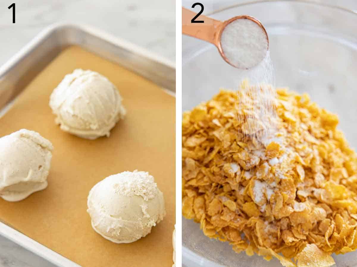 Set of two photos showing ice cream scoops on a tray and sugar added to corn flakes.