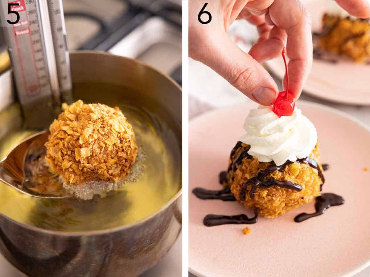 Set of two photos showing the coated balls cooked in oil then topped with toppings.