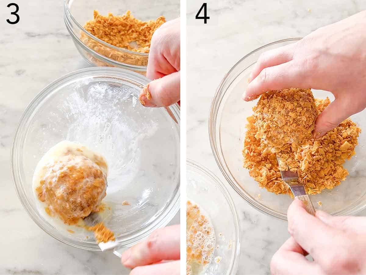 Set of two photos showing coated balls dipped in egg whites and another coating of cornflakes.