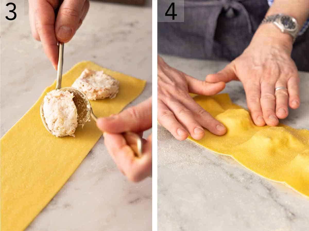 Set of two photos showing the filling added to the pasta and shaped.