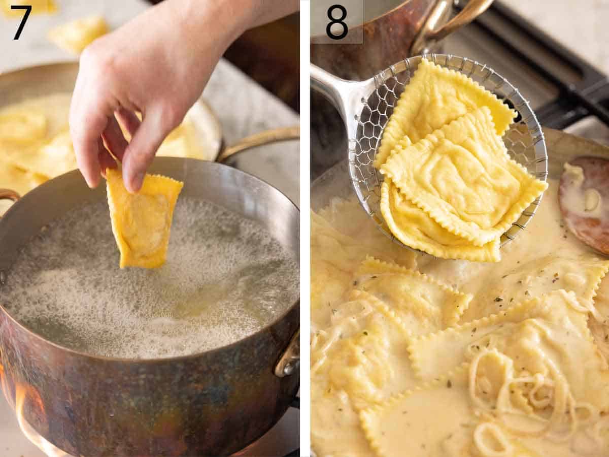 Set of two photos showing the ravioli added to boiling water then transferred to the sauce.