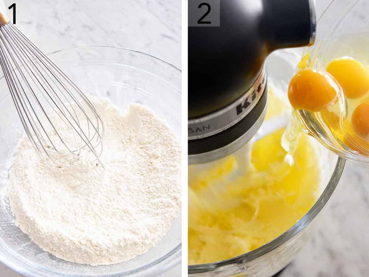 Set of two photos showing dry ingredients whisked and eggs added to a mixer.