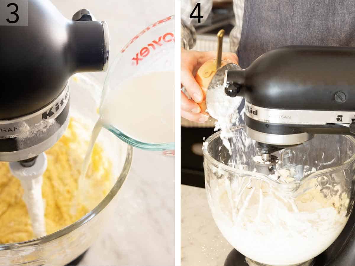 Set of two photos showing milk and powdered sugar added to the mixer.