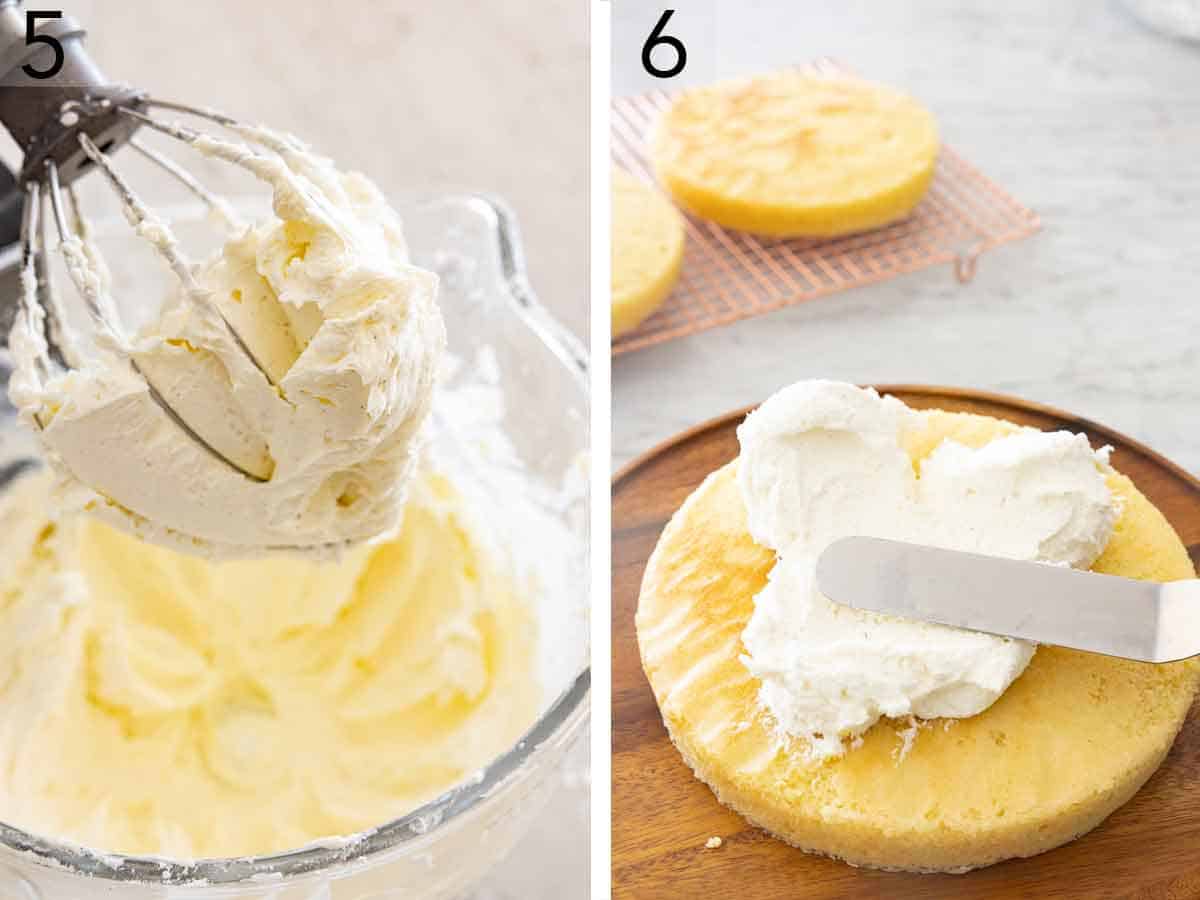 Set of two photos showing the buttercream whipped and spread onto a cake layer.