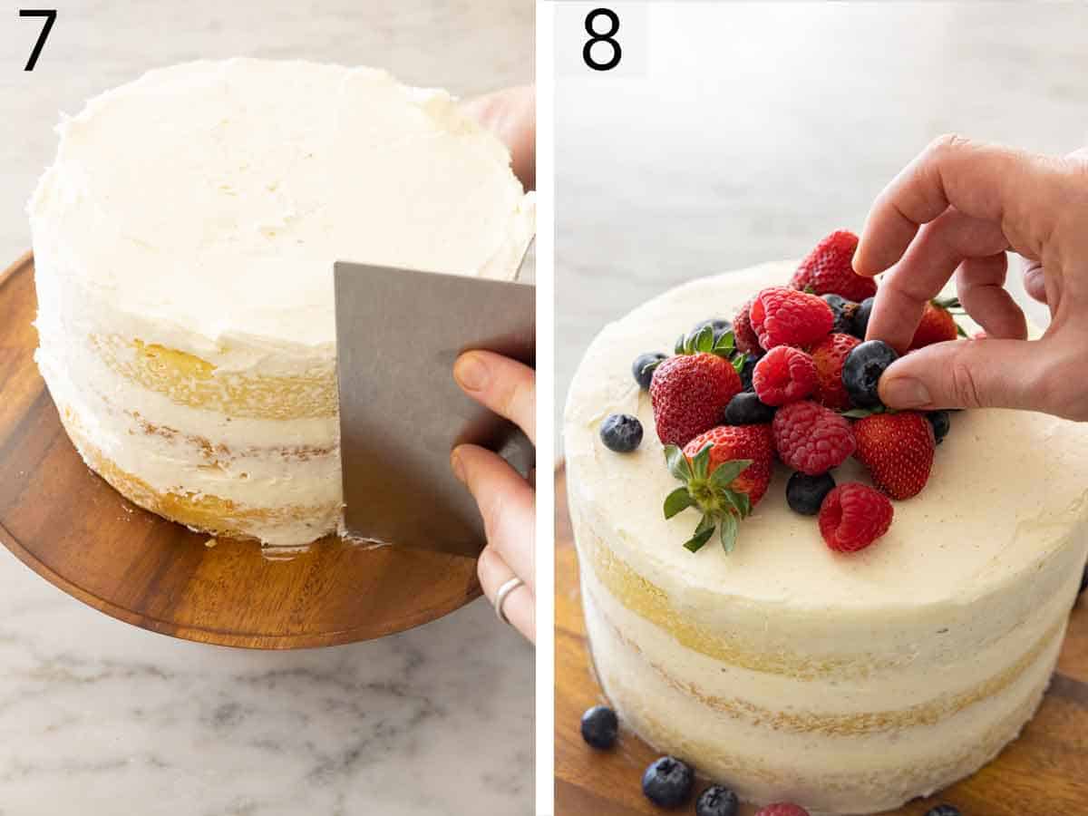 Set of two photos showing a bench scraper spreading the buttercream on the side of the cake and fresh berries placed on top.