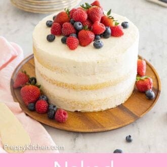 Pinterest graphic a naked cake on a wooden serving plate with fresh berries on top and at the base.