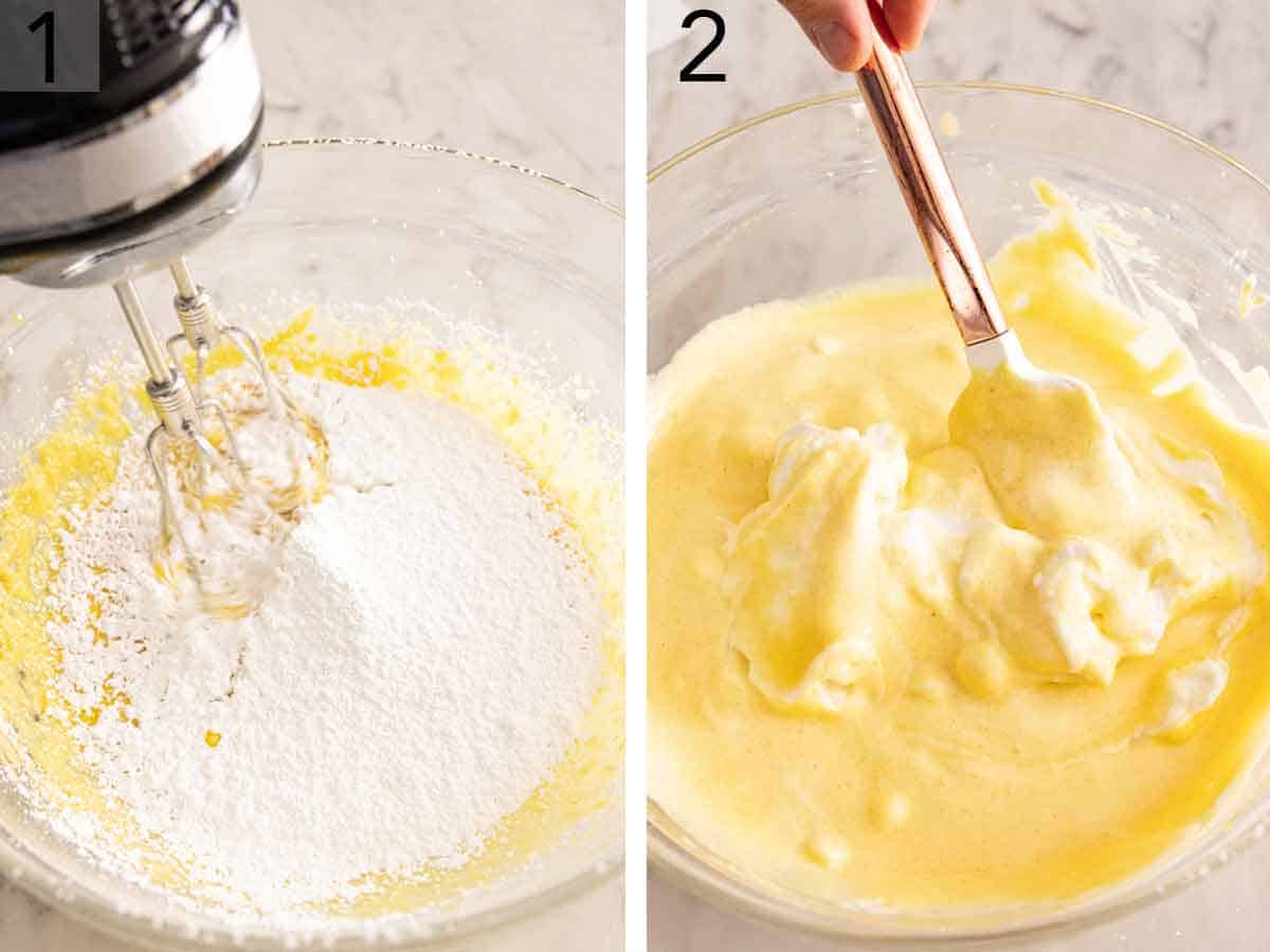 Set of two photos showing eggs beaten with flour and batter mixed with a spatula.