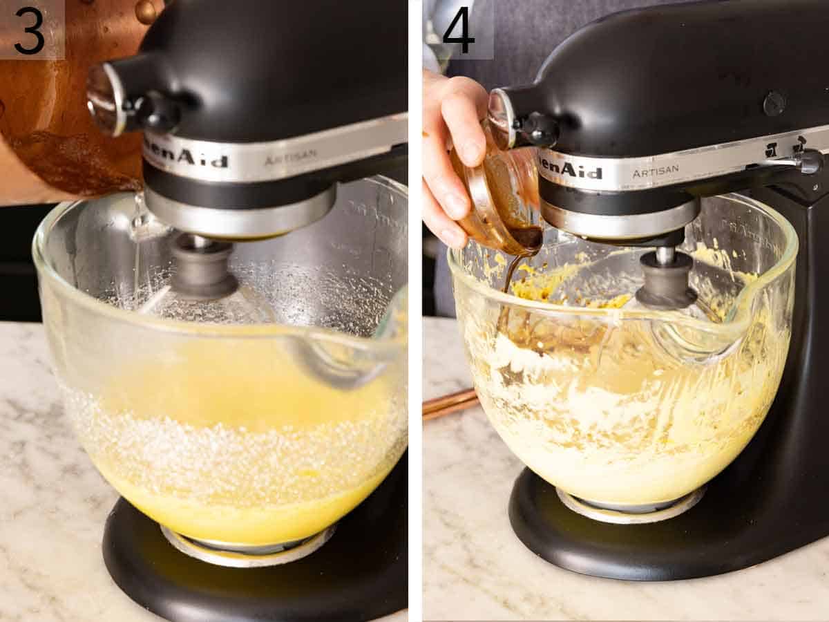 Set of two photos showing sugar syrup and coffee added to a mixer.