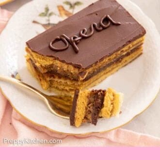 Pinterest graphic of a slice of opera cake with the corner of the cake on a fork resting beside it.