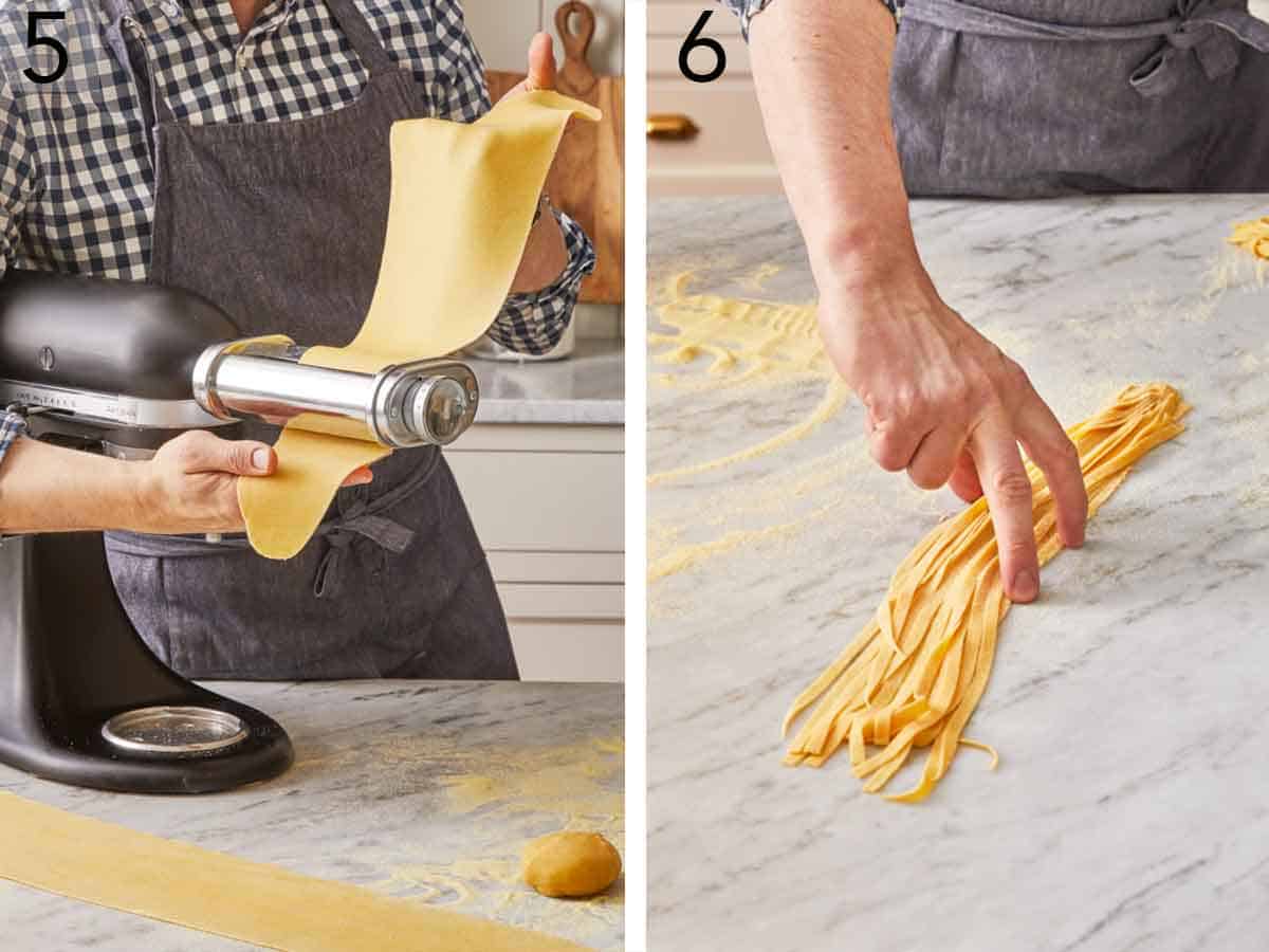 Set of two photo showing pasta run through pasta rolling machine and cut into long strands.