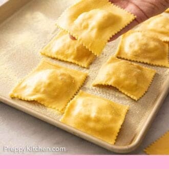 Pinterest graphic of square cut pasta dough being placed on a sheet pan.