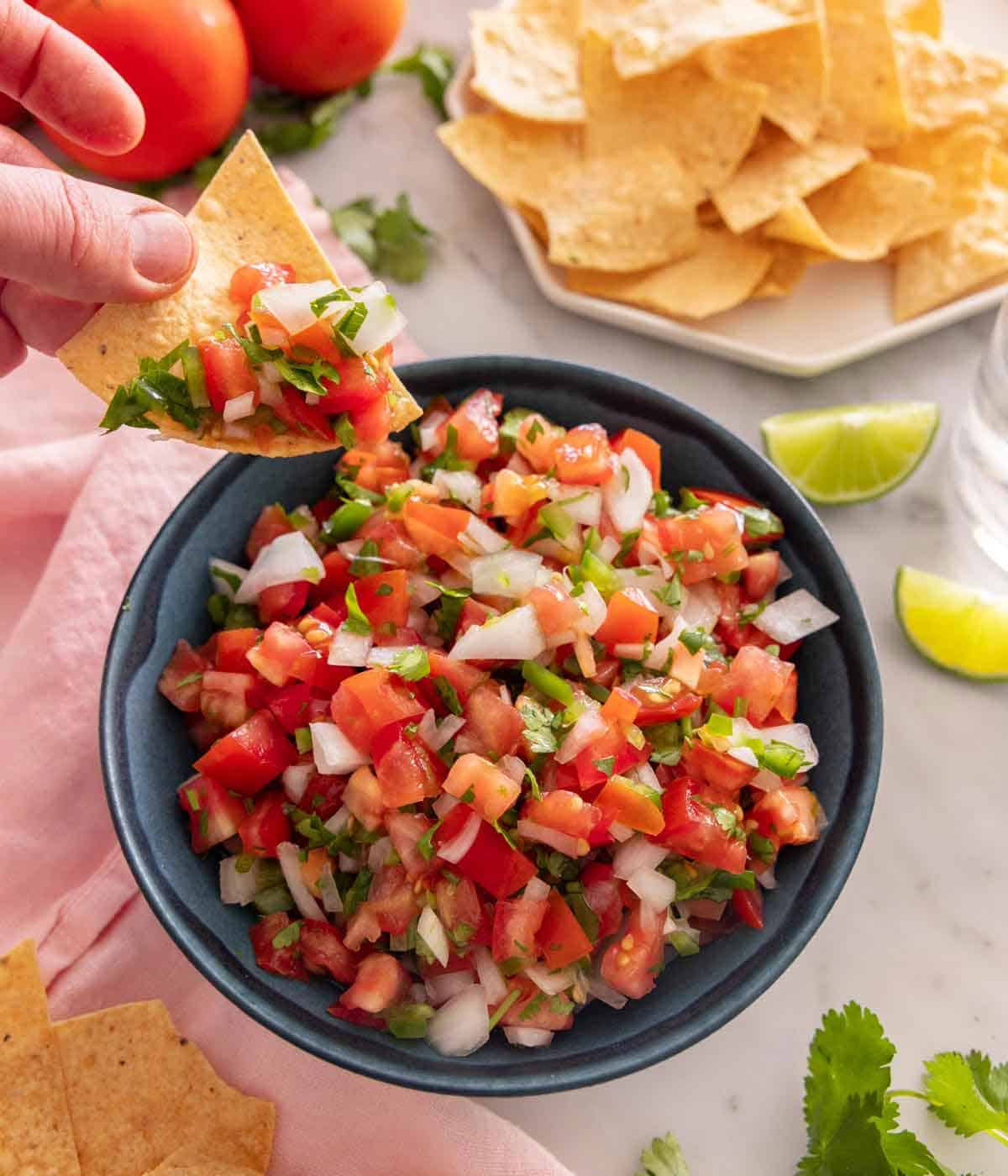 Overhead view of a bowl of pico de gallo with a chip scooping some out.