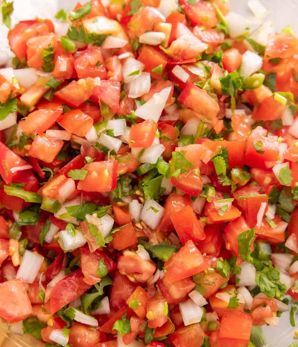 Close up of pico de gallo with fresh herbs on top.