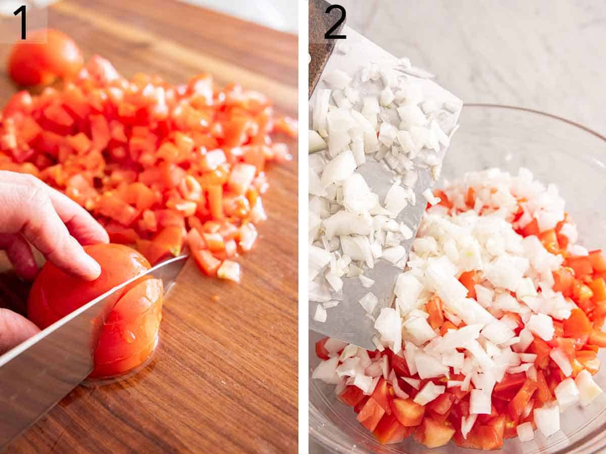Set of two photos showing a tomato diced and onions added to a bowl of diced tomatoes.