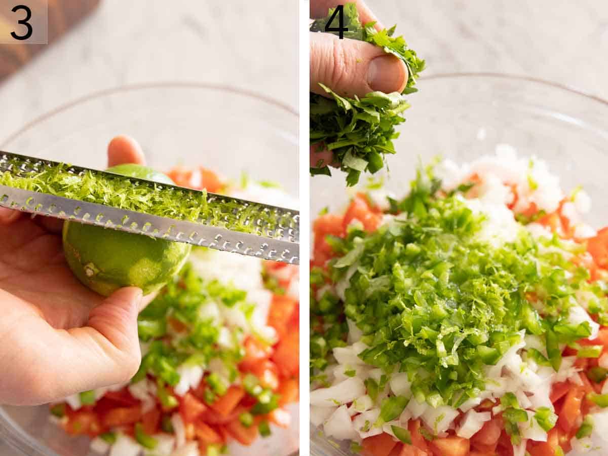 Set of two photos showing a lime zested and chopped cilantro added to the bowl.