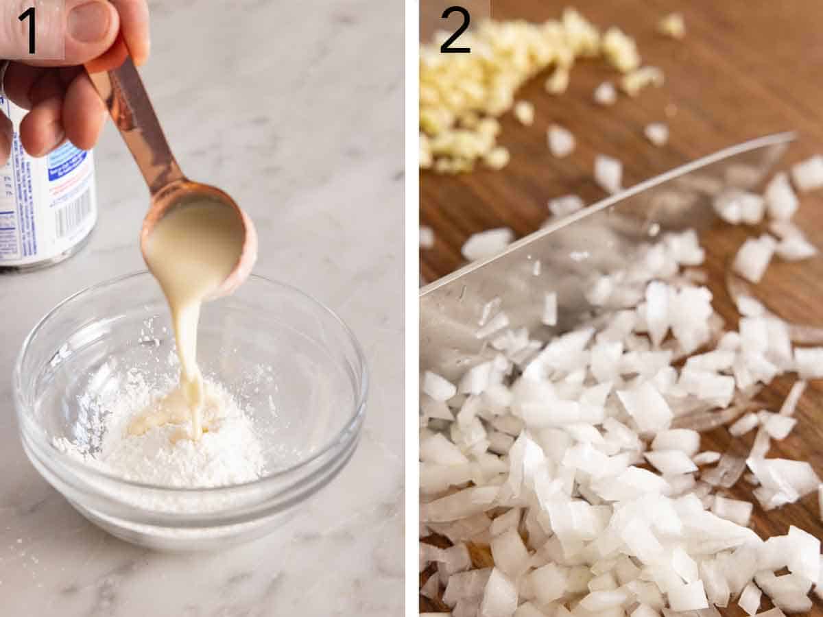 Set of two photos showing evaporated milk added to cornstarch and onions diced.