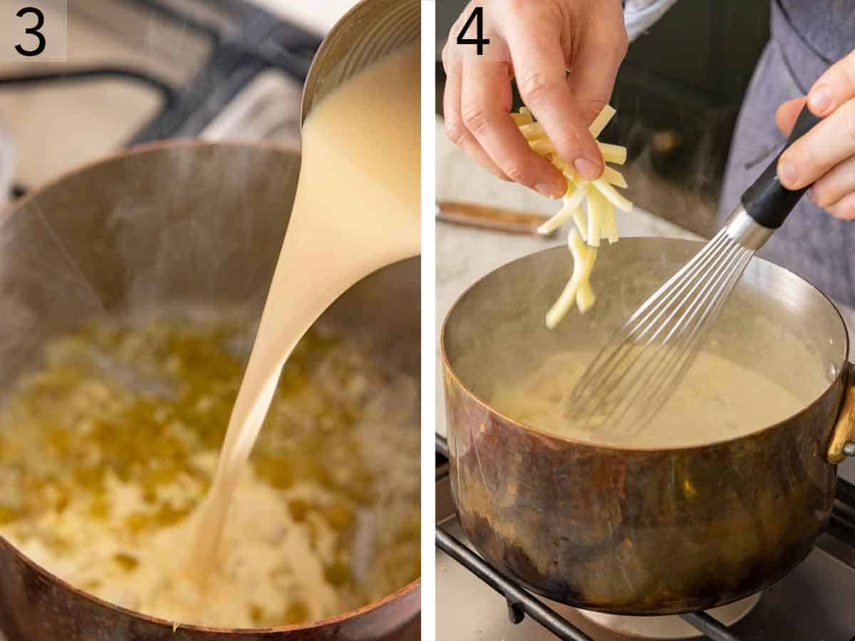 Set of two photos showing evaporated milk and cheese added to a pot.