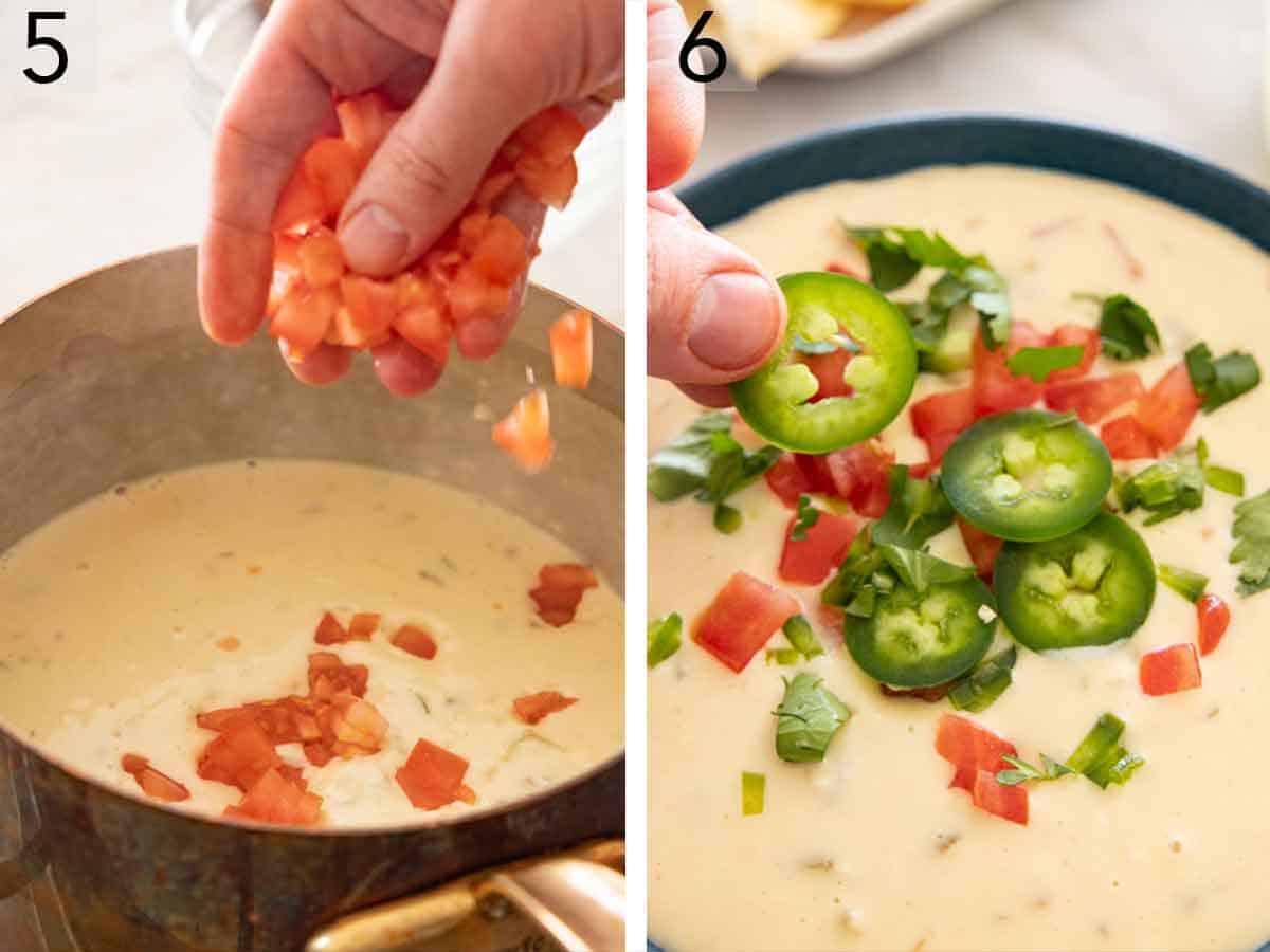 Set of two photos showing diced tomatoes added to a sauce pan and jalapeno placed on top as garnish.