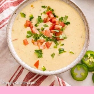 Pinterest graphic of an overhead view of a bowl of queso dip with diced tomatoes and cilantro on top.