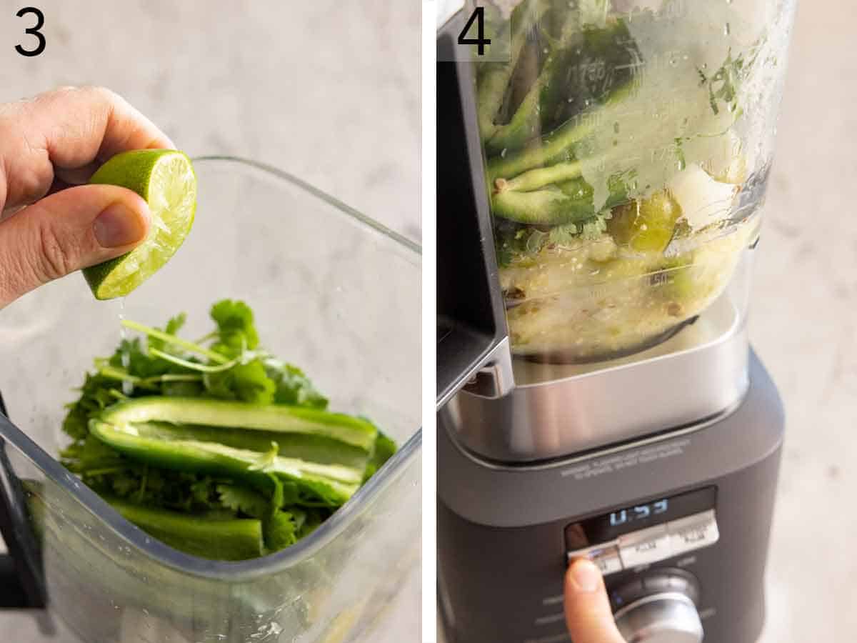 Set of two photos showing lime squeezed into the blender and ingredients blended.