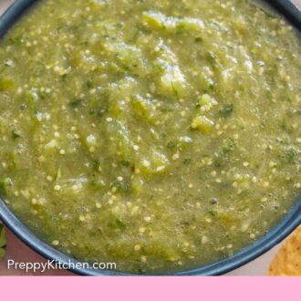 Pinterest graphic of a close up view of salsa verde in a bowl.