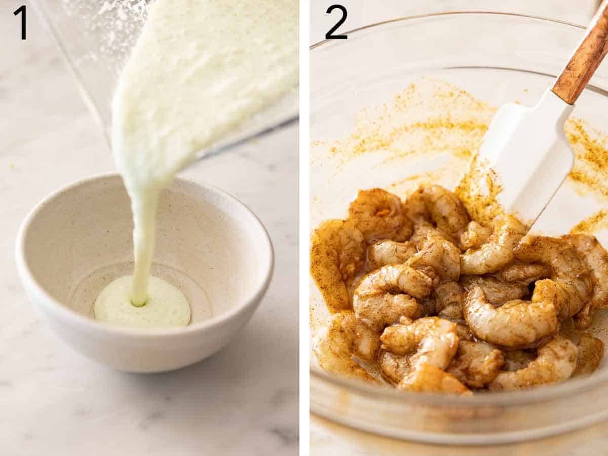 Set of two photos showing blended sauce poured into a bowl and shrimp seasoned.
