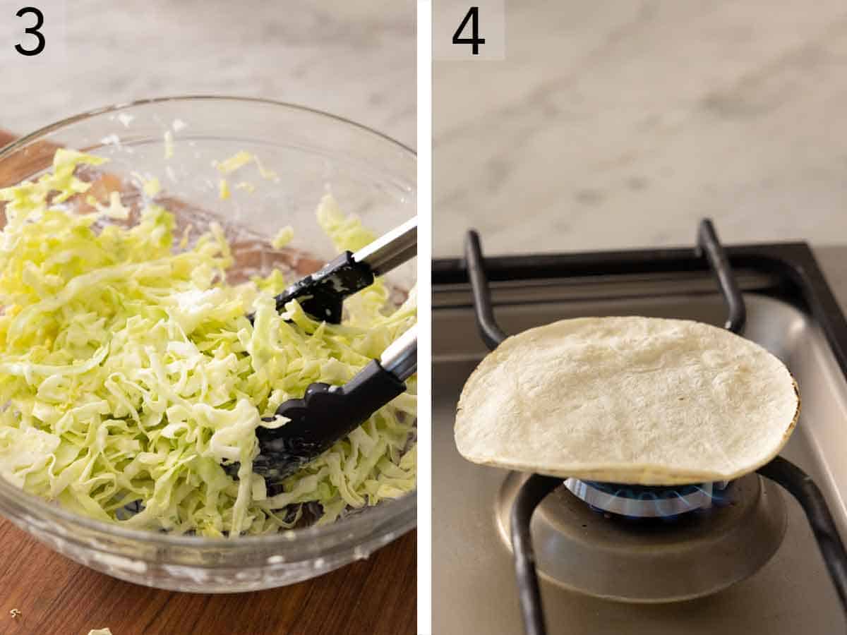 Set of two photos showing sliced cabbage in a bowl and tortilla warmed on a burner.