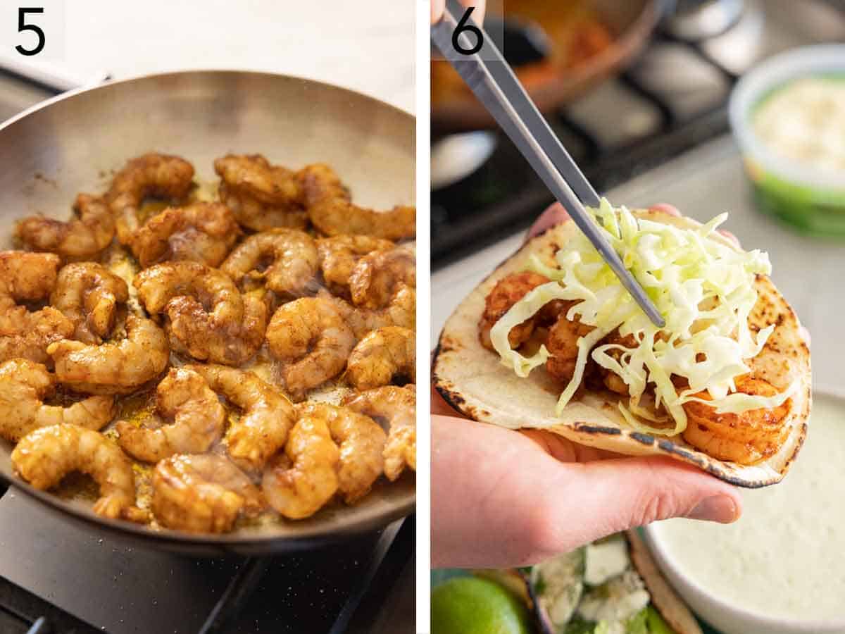 Set of two photos showing shrimp cooked in a skillet and taco assembled.