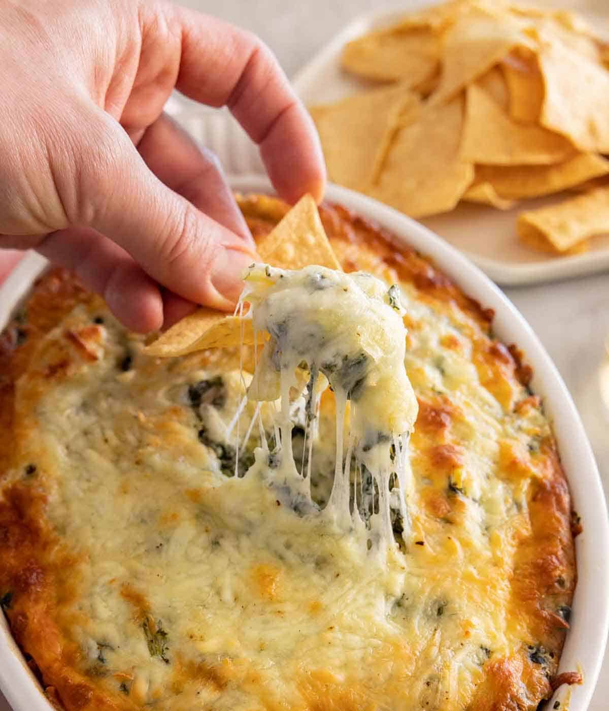 A chip scooping up freshly baked spinach artichoke dip with melty cheese.